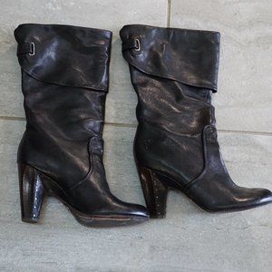 Frye Womens Bethany Cuff Shortie Heel Black Pull-On Leather KneeHigh Boots 6.5